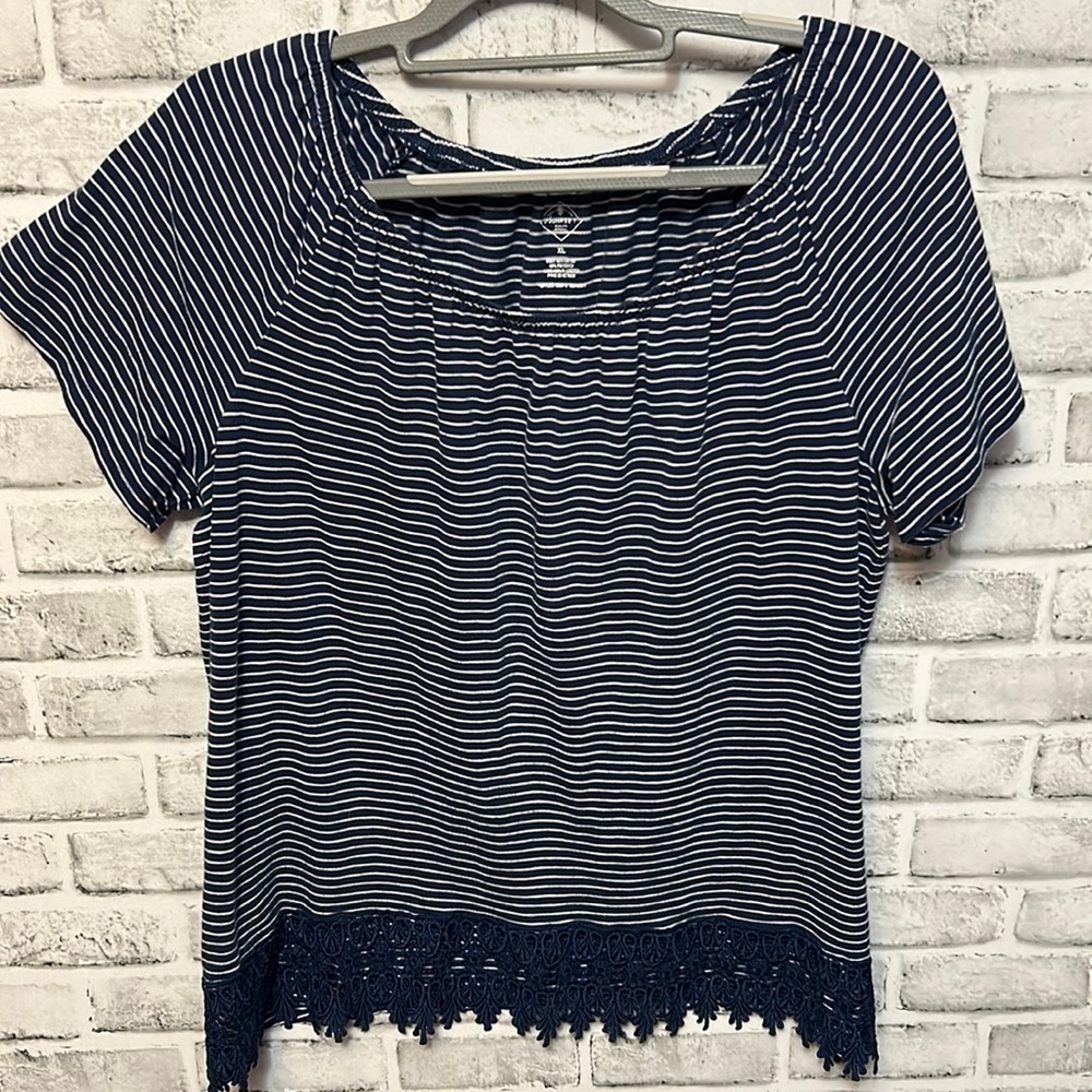 ST. John’s Bay Women’s Navy Blue Striped Top with Lace Blue Trim, Size XL